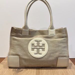 Tory Burch ~ vintage canvas and leather tote in cream. Like new!!